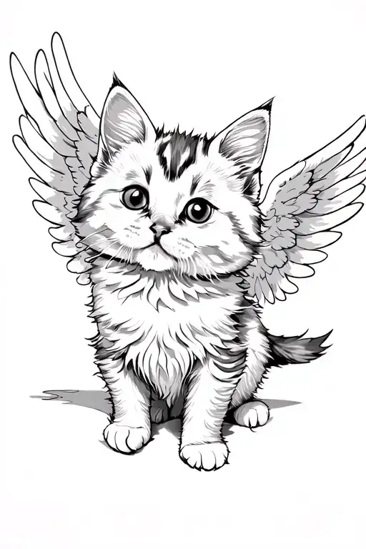 white fluffy kitten with angel wings spread wide tattoo design idea