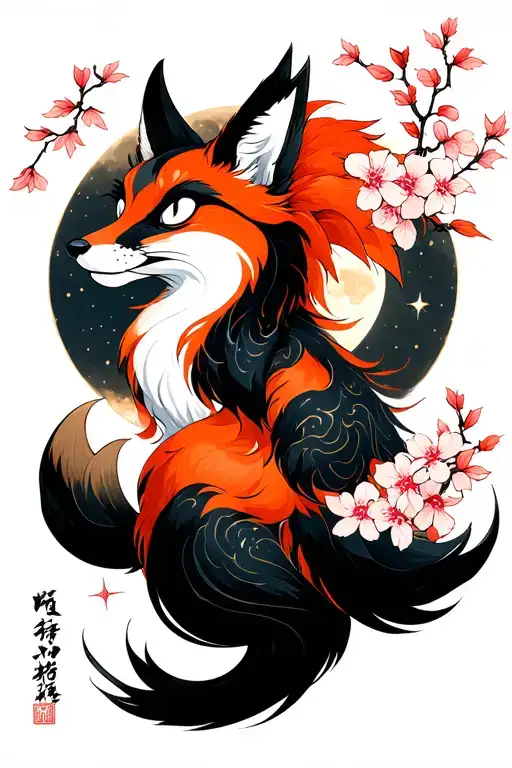 Nine tailed fox with falling sakura leaves full moon and stars tattoo design idea