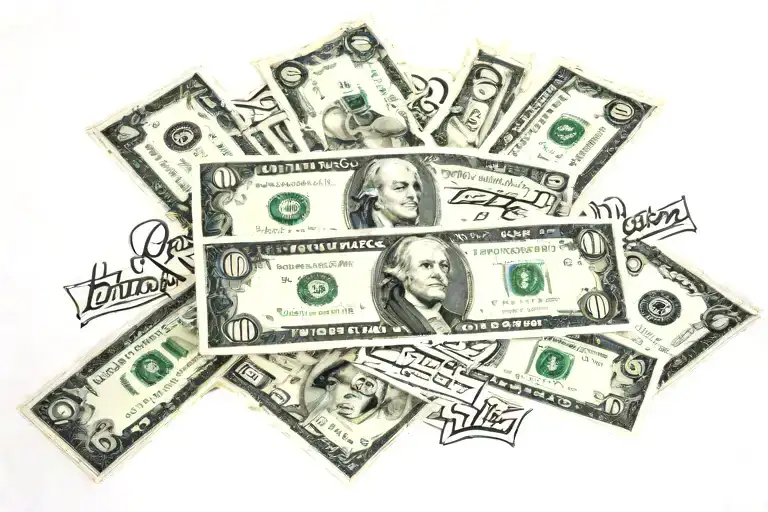 100 dollar bills over  font "BLASTED SWINE" & "Officially unofficial" in cursive under  tattoo design idea