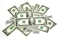 100 dollar bills over  font "BLASTED SWINE" & "Officially unofficial" in cursive under  tattoo design idea