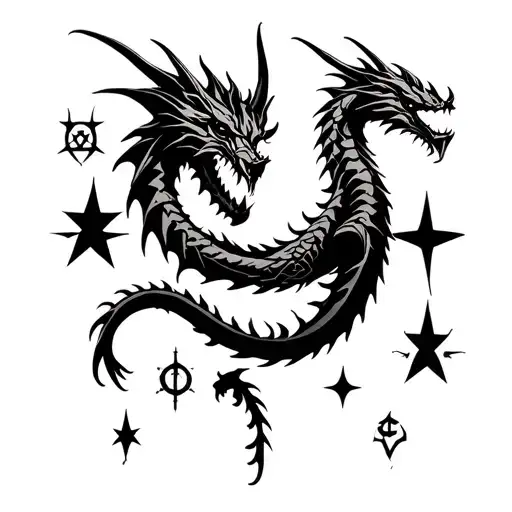 little skinny lower spine tattoo, without any shading. Either some latvian symbols or stars, or a skinny dragon twisting tattoo design idea
