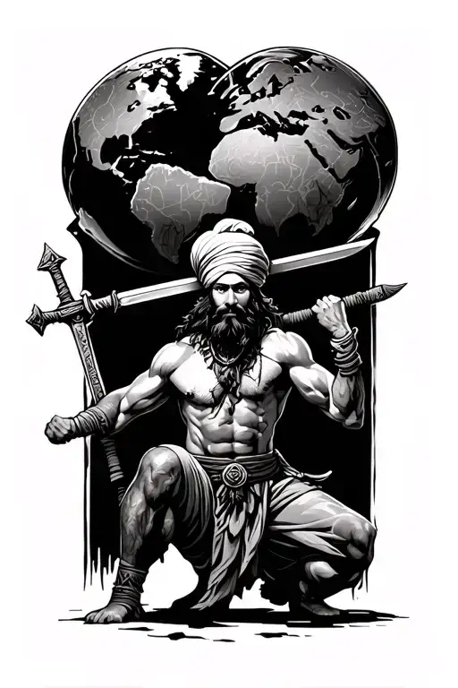 sikh warrior kneeling with the weight of the earth on his back make him have a sword on his hip tattoo design idea