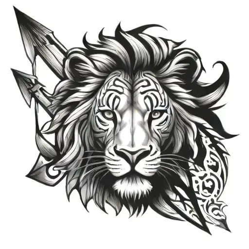half lion Create a tribal tattoo of a half lion half cub face with an arrow separating them tattoo design idea
