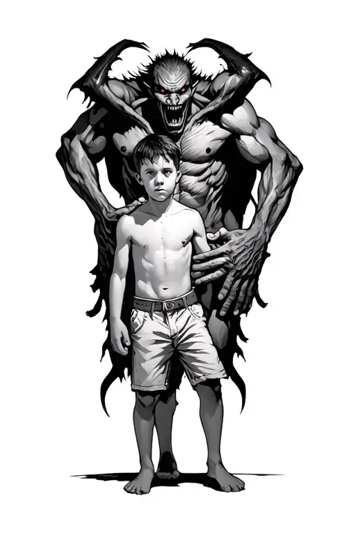 a young boy standing and morphing into an adult with a scary demon towering behind wrapped around him tattoo design idea