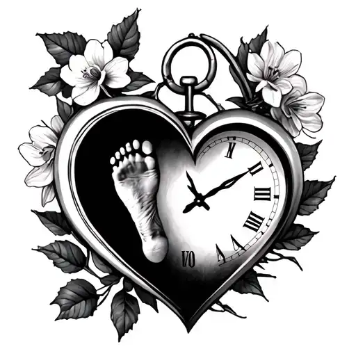 heart clock with baby footprint on left side name and date tattoo holly and Narcissus  tattoo design idea