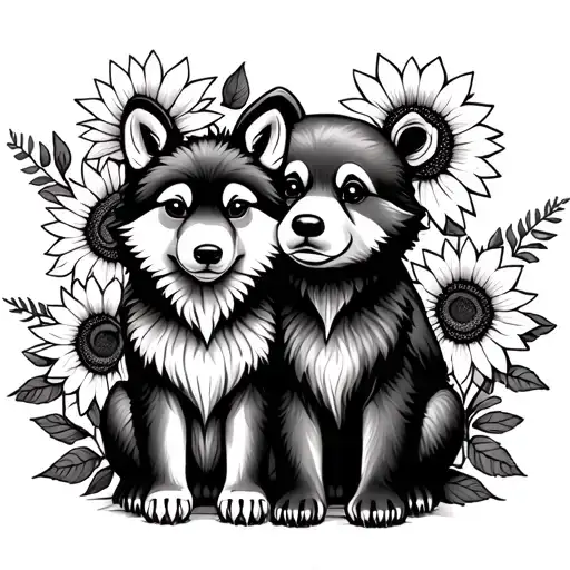  cute baby wolf and bear sitting with sunflowers and roses. black tattoo design idea