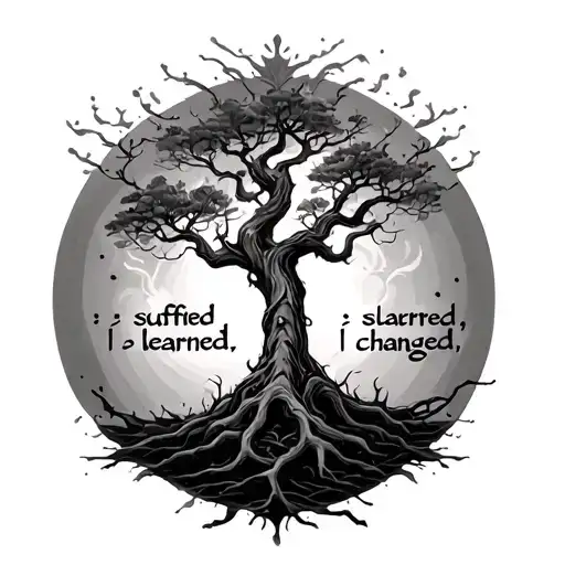 i want a poison tree with arabic calligraphy saying i suffered, i learned, i changed. tattoo design idea