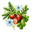 A medium-sized tattoo that includes images of a fir branch, oregano flowers, strawberries, clover, and Inachis io butter tattoo design idea