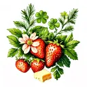 A medium-sized tattoo that includes images of a fir branch, oregano flowers, strawberries, clover, and Inachis io butter tattoo design idea