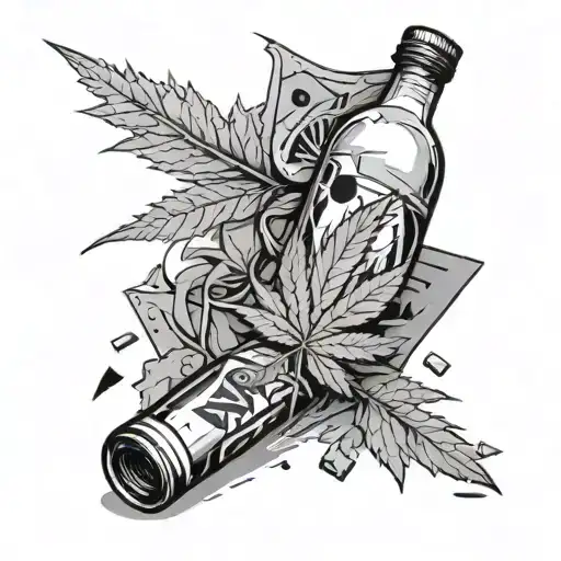 Suboxone strips and weed leaf intertwined with a bottle of Valiums spilled on the table with a pile of chunks and shards tattoo design idea