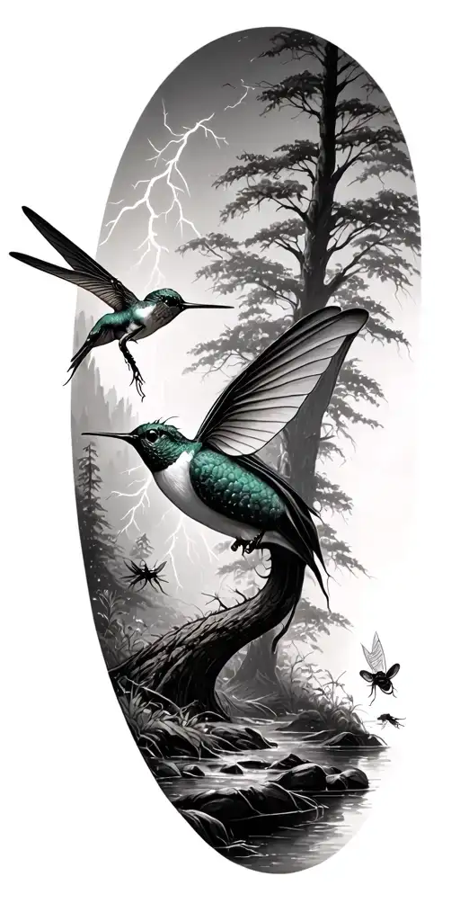 trees hummingbird dragon fly lightning bug creek tattoo design idea