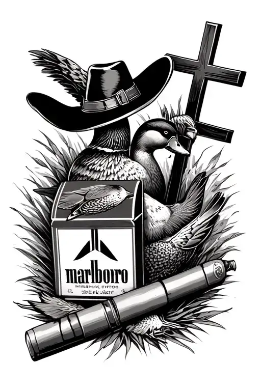 Western tattoo with a cross, a pack of Marlboro reds, and some mallard ducks tattoo design idea