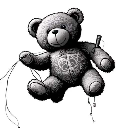 teddy bear falling using his own thread to sew up another teddy bear tattoo design idea