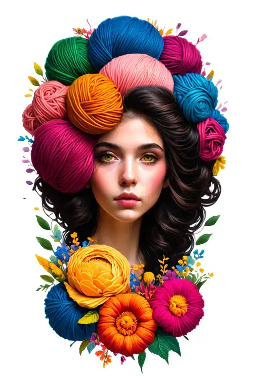 female face with yarn exploding from top of head, surrounded by flowers tattoo design idea