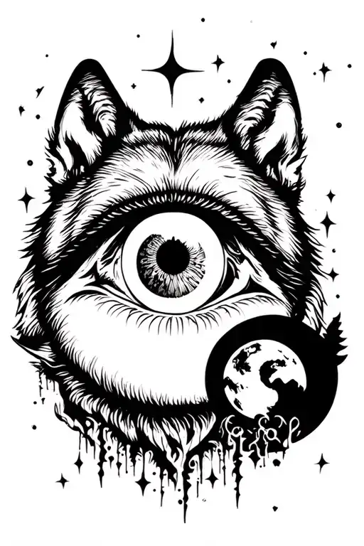 eye with watching world Wolf Howling at the Moon phases black and white tattoo design idea