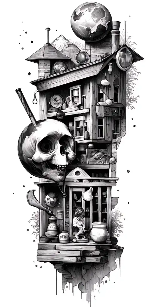 collage narrative of elements of science, woodworking, family and home,whimsy, geometric, funny scene, loss & hurt tattoo design idea