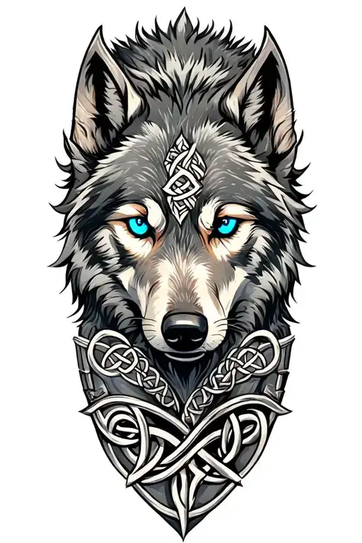 wolf with blue eyes on armor tattoo design featuring Celtic trinity knot  tattoo design idea