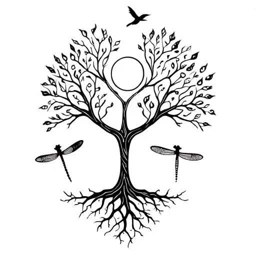 earthy, has small tree, roots, celestial, back tattoo, sun , happy, hippie vibes, lots around tree: dragonfly, birds may tattoo design idea