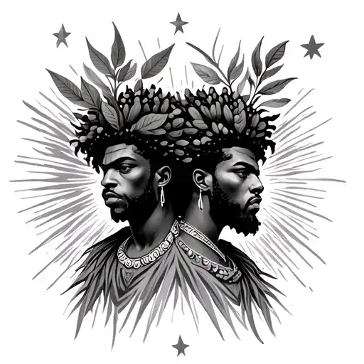 afrocentric male twin gods with plants for hair. with stars in the background tattoo design idea