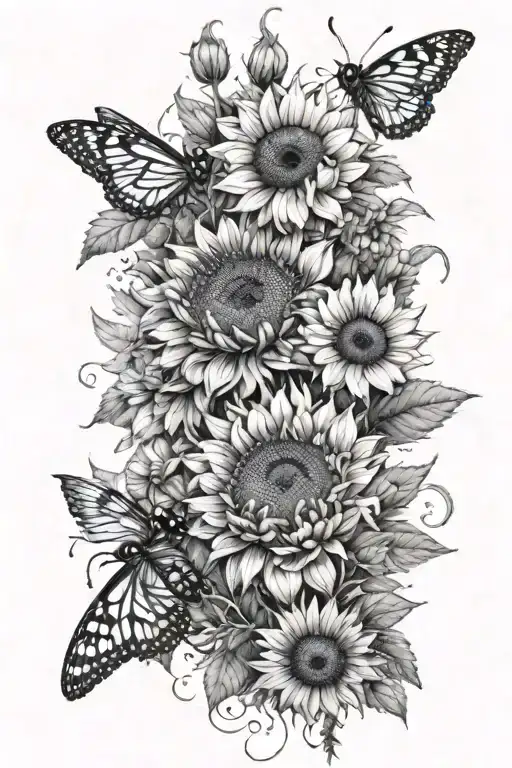 masculine floral sleeve with sunflowers, bees, and desert flowers; not too full, kind of spaced out tattoo design idea