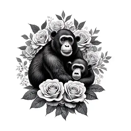 monkey and bear surrounded by roses intertwined tattoo design idea