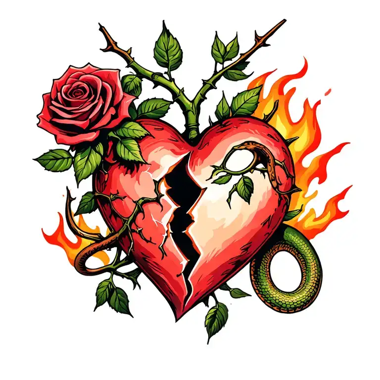 Rose grows in the form of a broken pierced heart by knife, on a stem with thorns and leaves, around a flame and a snake tattoo design idea