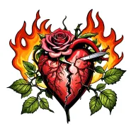 Rose grows in the form of a broken pierced heart by knife, on a stem with thorns and leaves, around a flame and a snake tattoo design idea