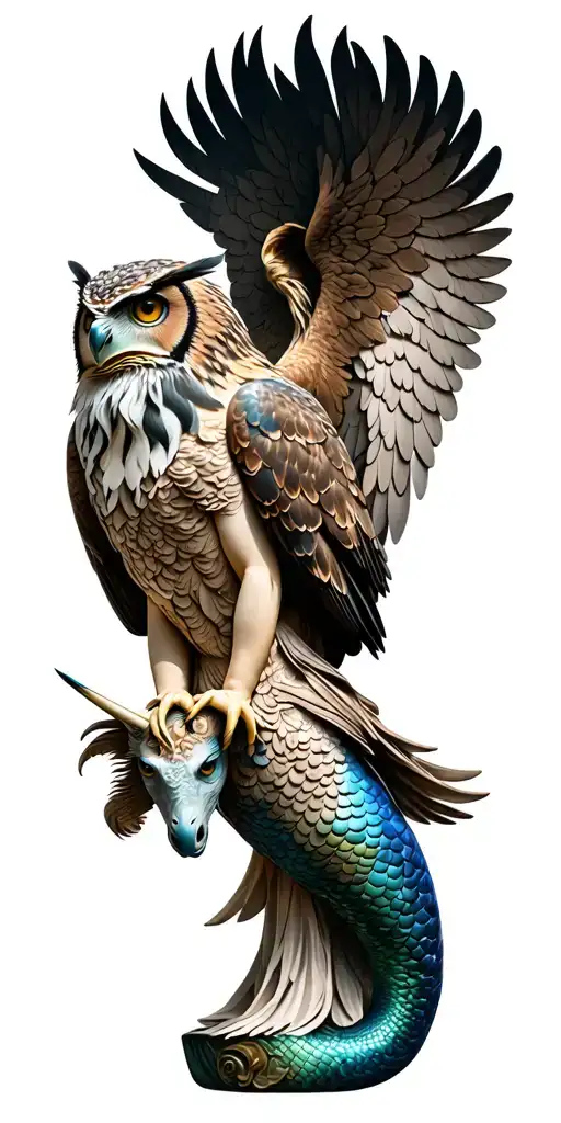 eagle owl and unicorn and mermaid and angel statue tattoo design idea