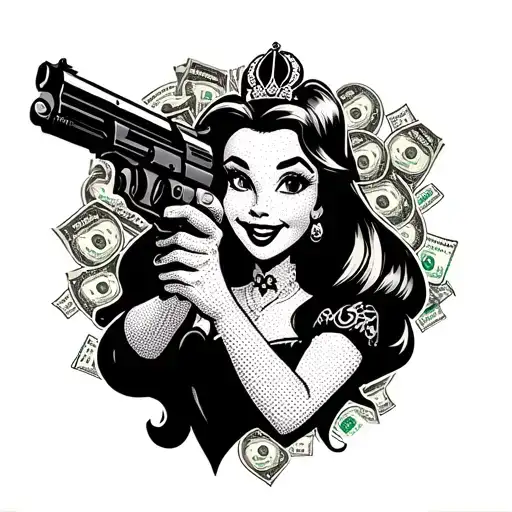 A princess from Looney Tunes holding a gun made of makeup products, with money symbols in the background tattoo design idea