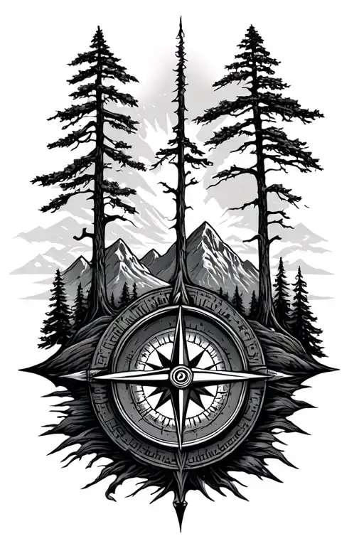 mountains and compass with old tree growing tattoo design idea
