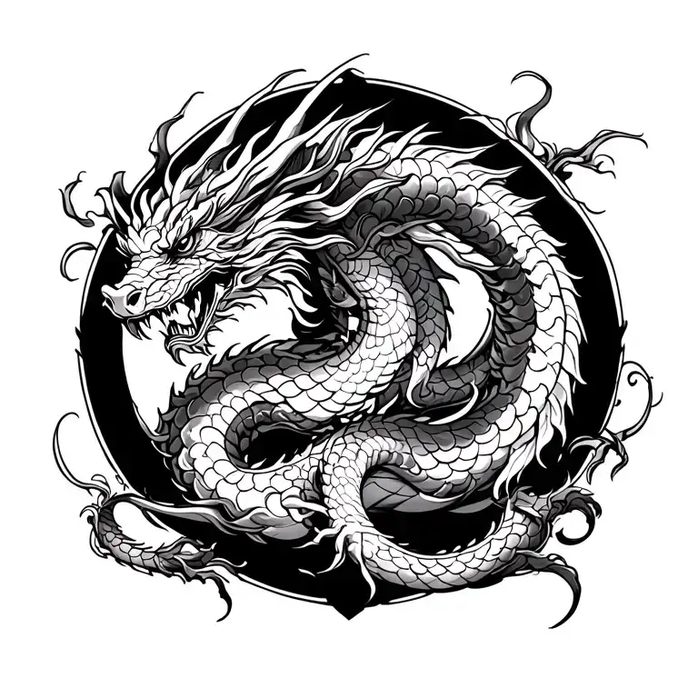 Four-limbed oriental dragon full back tattoo. The dragon has a long flowing serpentine body and a noble Asian dragon hea tattoo design idea
