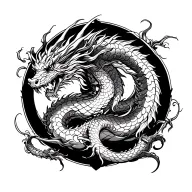 Four-limbed oriental dragon full back tattoo. The dragon has a long flowing serpentine body and a noble Asian dragon hea tattoo design idea