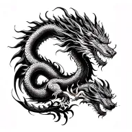 Four-limbed oriental dragon full back tattoo. The dragon has a long flowing serpentine body and a noble Asian dragon hea tattoo design idea
