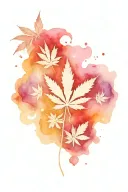 A THC molecule in black ink with the shape of a cannabis leaf in pinks, purples and reds but without an outline on top tattoo design idea