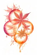 A THC molecule in black ink with the shape of a cannabis leaf in pinks, purples and reds but without an outline on top tattoo design idea
