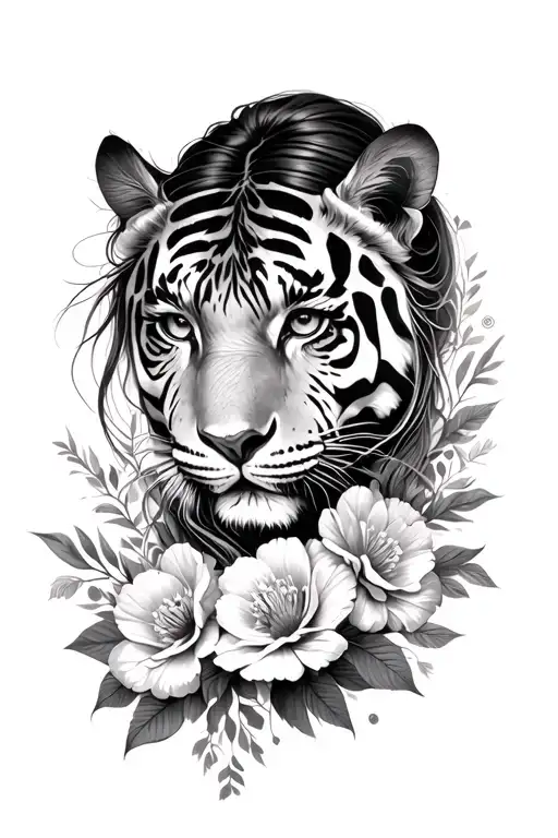 woman face flowers tiger face inside tattoo design idea