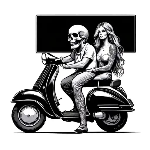 old man skull on a old vespa scooter with his skinny wife tattoo design idea