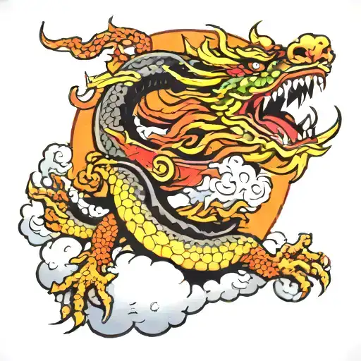 clouds with fire rays and Chinese dragon on the forearm part of tattoo design idea