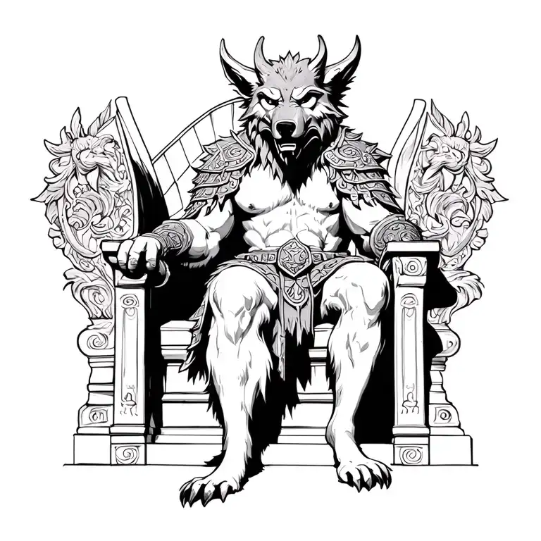 Wolf Oni Mask on warlord sitting on a throne tattoo design idea