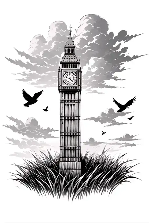 tall Big Ben with grass at the bottom with clouds surrounding, little birds flying around, with a phone box tattoo design idea
