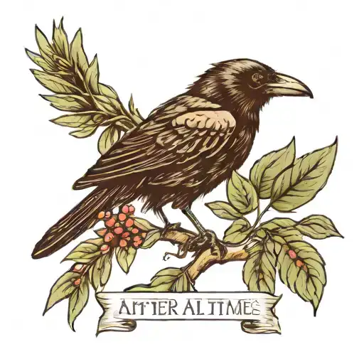 A crow on a branch with a basil plant next to it and the words "after all this time, always" below tattoo design idea