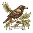 A crow on a branch with a basil plant next to it and the words "after all this time, always" below tattoo design idea