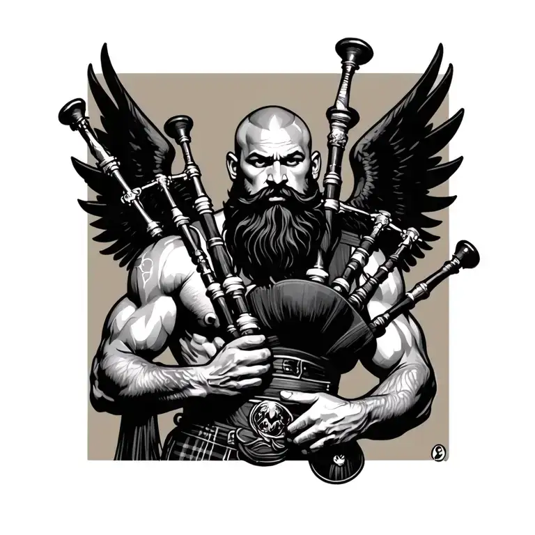 scottish bagpiper bald black beard muscular wearing glengarry pipes in arm big black wings shirtless tattoo tattoo design idea