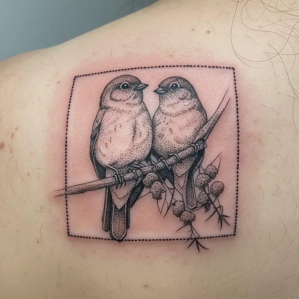 two robins sharing a stick and perching on a branch of wisteria tattoo design idea