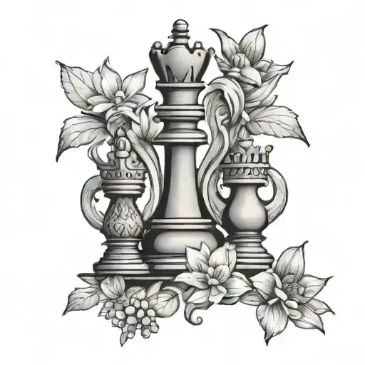 dainty lotus flowers surrounding a king chess piece tattoo design idea