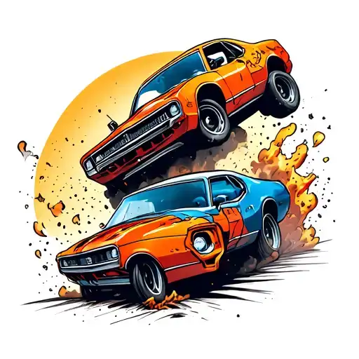 A tattoo of two cars crashing into each other in a dynamic and action-packed style tattoo design idea