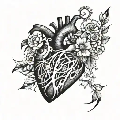 A mechanical heart with musical notes flowing out of it, surrounded by flowers and pit bulls tattoo design idea