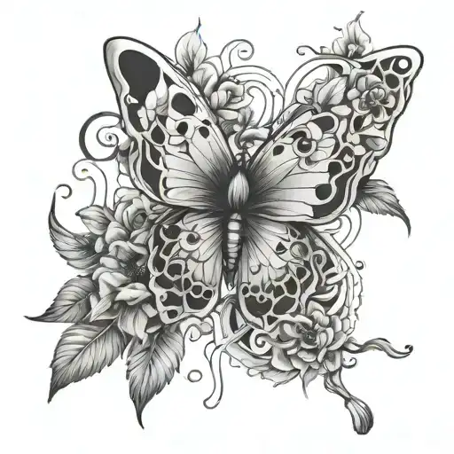 Create an image of a lunar moth tattoo design with skulls in the wings designed with flowers and vines underneath it tattoo design idea
