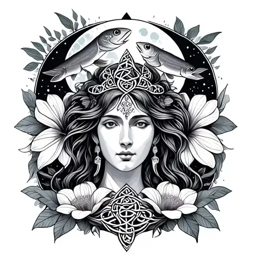 Celtic Goddess, Danu. Surrounded by Salmon, the moon and Moonflowers tattoo design idea