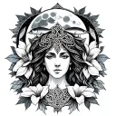 Celtic Goddess, Danu. Surrounded by Salmon, the moon and Moonflowers tattoo design idea